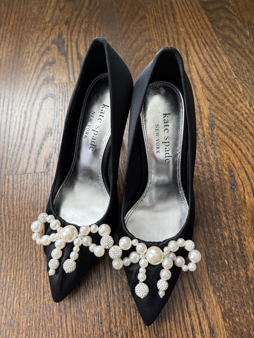 kate spade Black Satin Pointed Toe Pumps with Pearl & Crystal Cluster